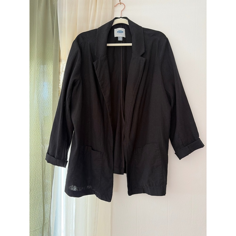 Old Navy Blazer Womens 2X Black Linen Blend Open Front Business Casual Jacket